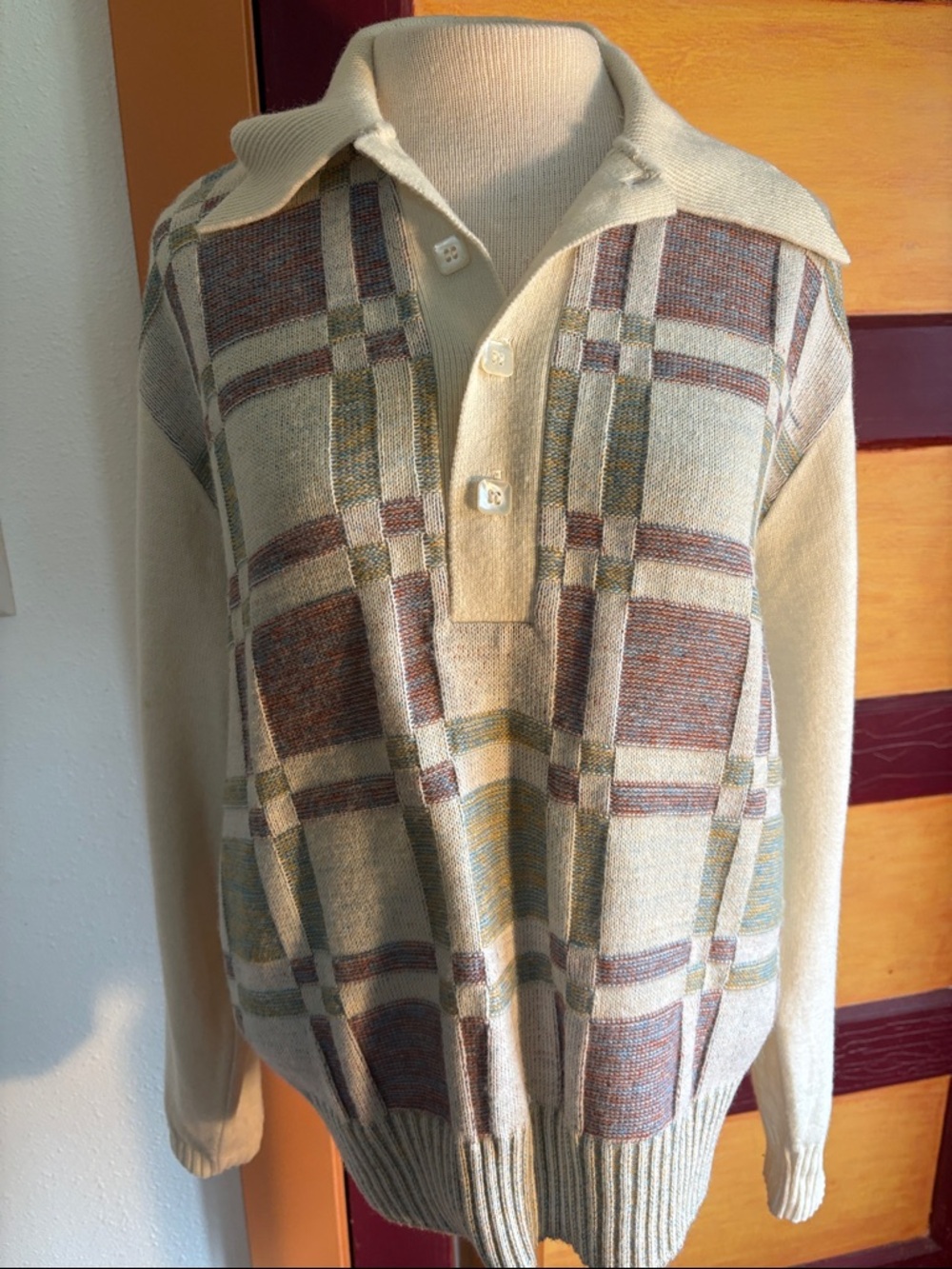 Beige Plaid Knit Polo Sweater
